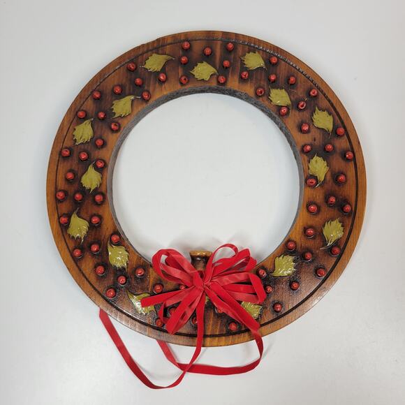 VINTAGE Wood Wreath 11" Brown Red‎ 3-D Accents Candle Holder Christmas Decor - Picture 14 of 16